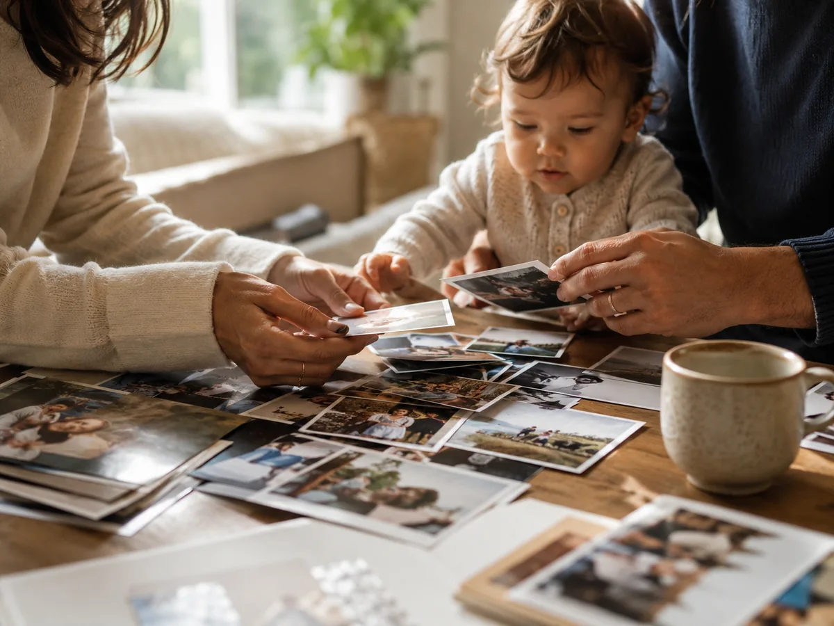 Des parents regardent des photos avec leur enfant