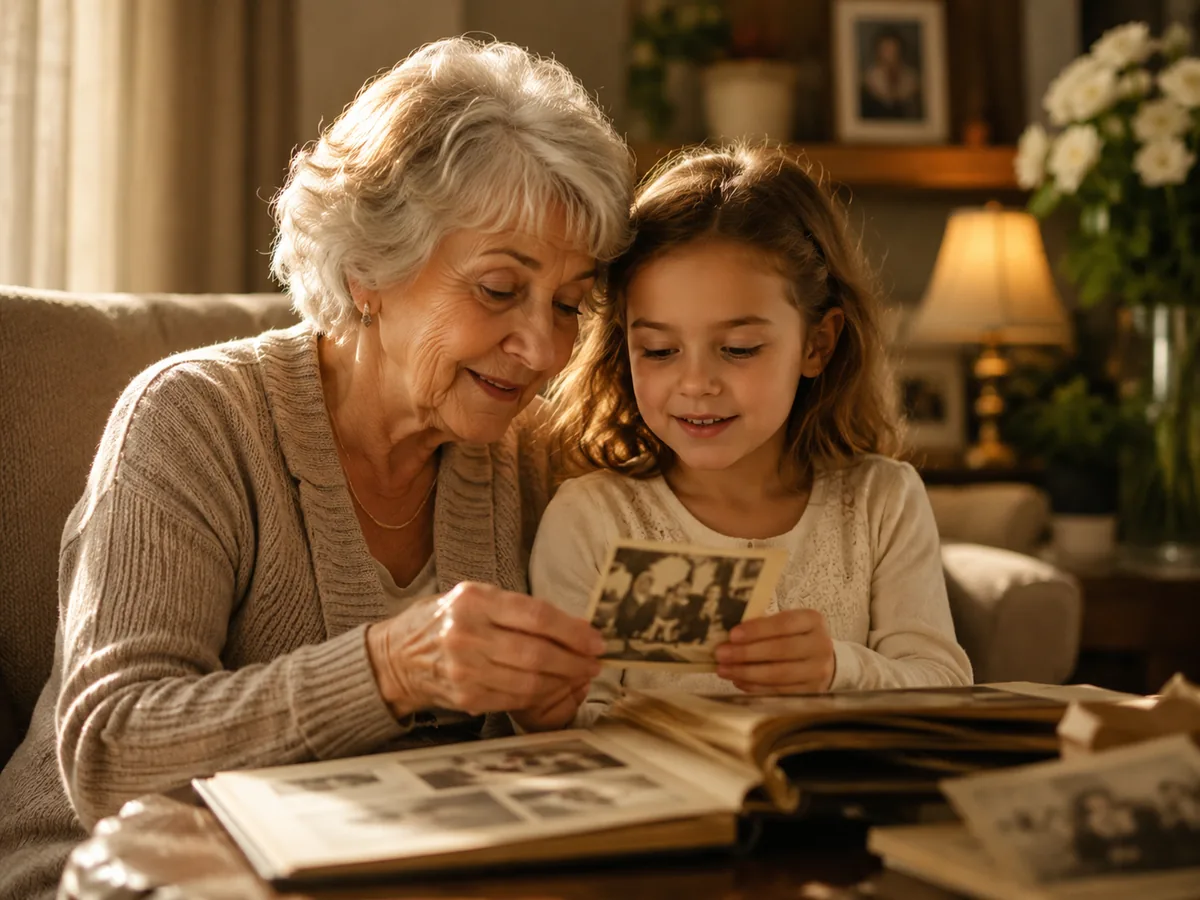 Une grand-mère partage un souvenir avec un enfant