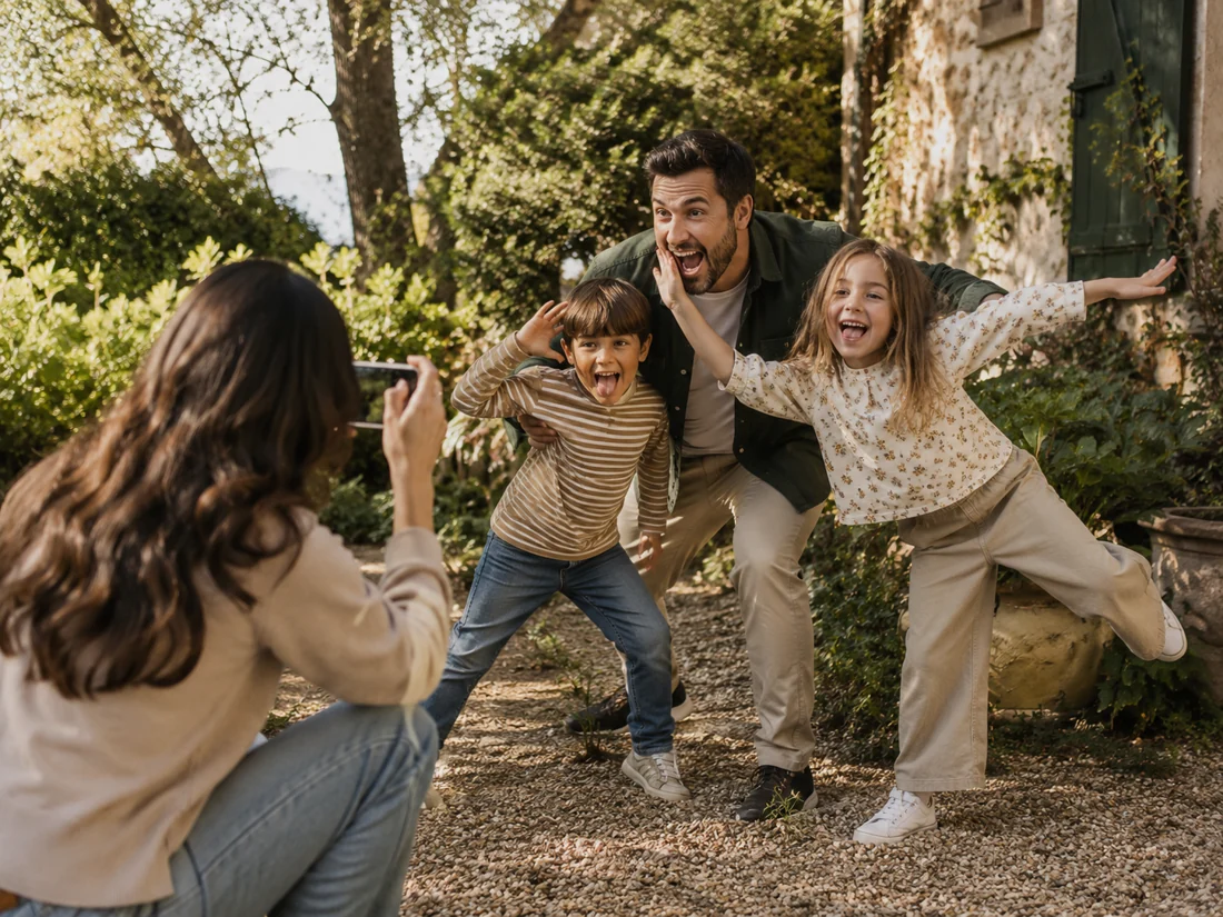 Une famille joue et prend une photo amusante dans le jardin