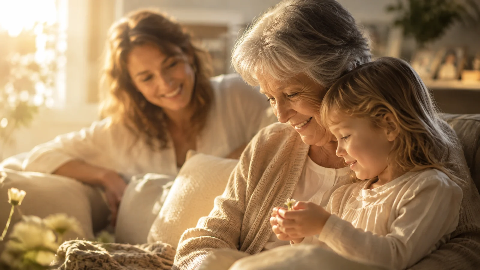 Une grand-mère, une maman et un enfant réunis dans un moment tendre